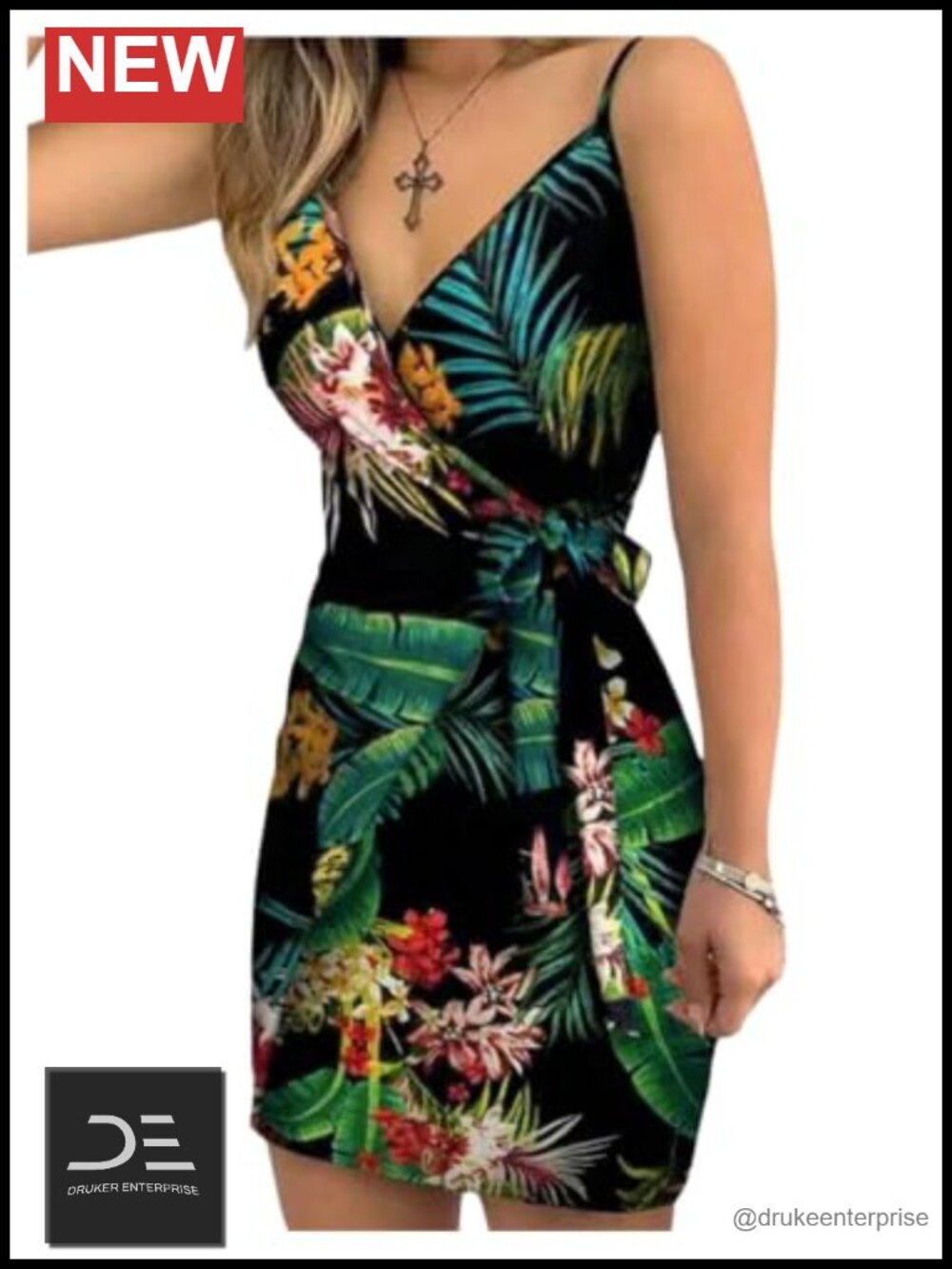 Women's Tropical Print Wrap Dress Spaghetti Strap Short